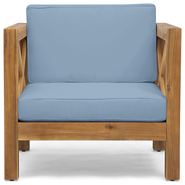 Retro Patio Chair, Teak Finished Wood Acacia Frame With XSides & Blue