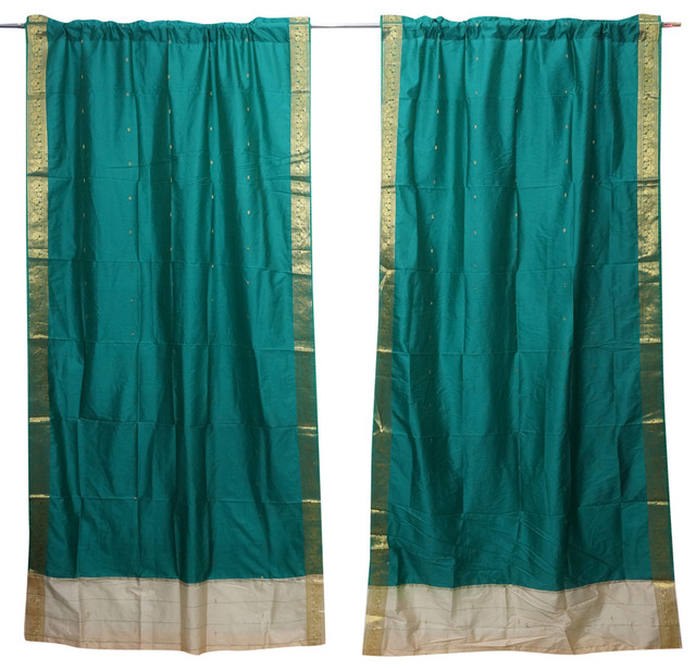 2 Indian Silk Sari Curtains Draperies Sea Green Brocade Border