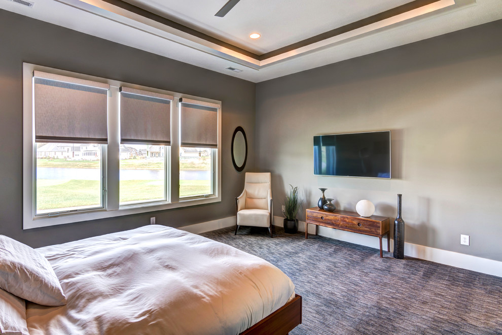 This is an example of a large contemporary master bedroom in Indianapolis with beige walls, carpet, no fireplace and multi-coloured floor.