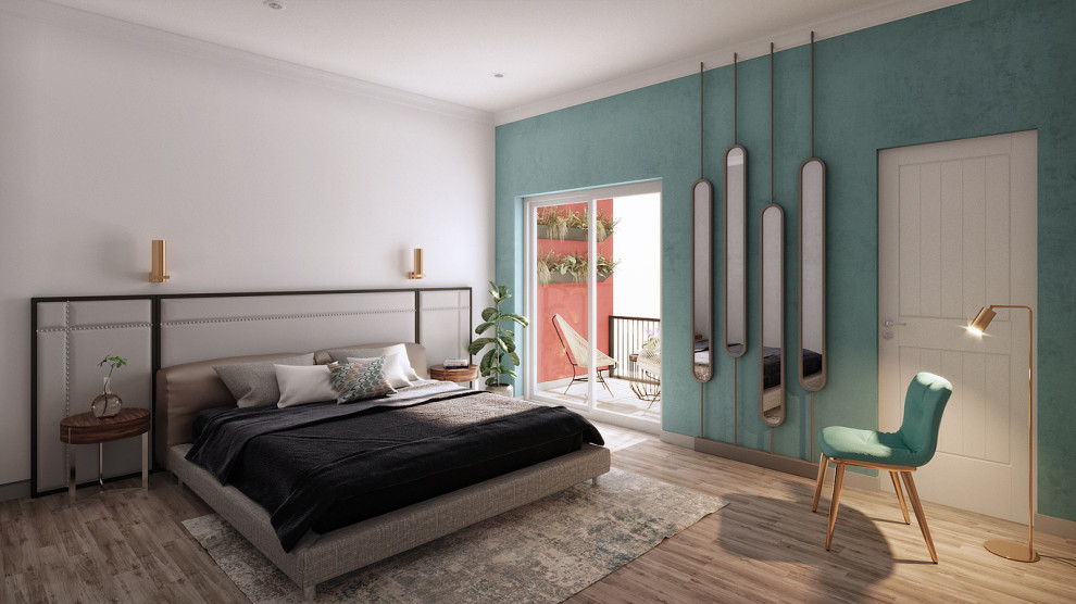 Foto de dormitorio principal vintage grande con paredes verdes, suelo de madera clara, suelo beige, madera y papel pintado