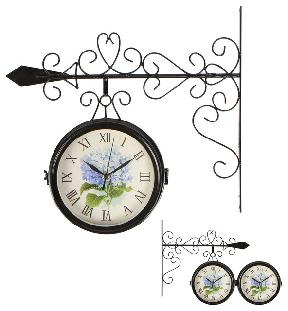 7.5" Diameter Double Sided Vintage Wrought Iron Wall Hanging Clock
