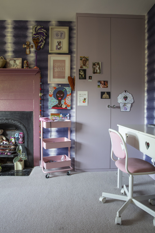 Cottage carpeted and pink floor bedroom photo in London with purple walls
