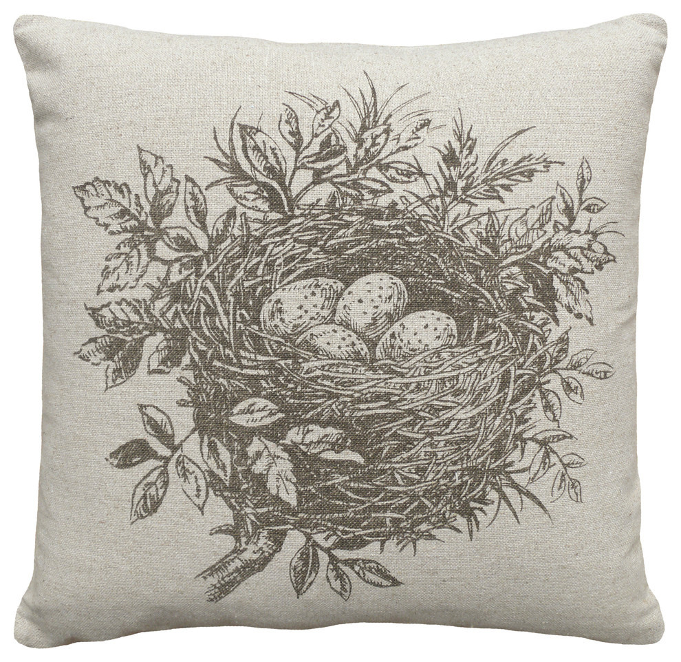 Bird's Nest Printed Linen Pillow With Feather-Down Insert, Brown