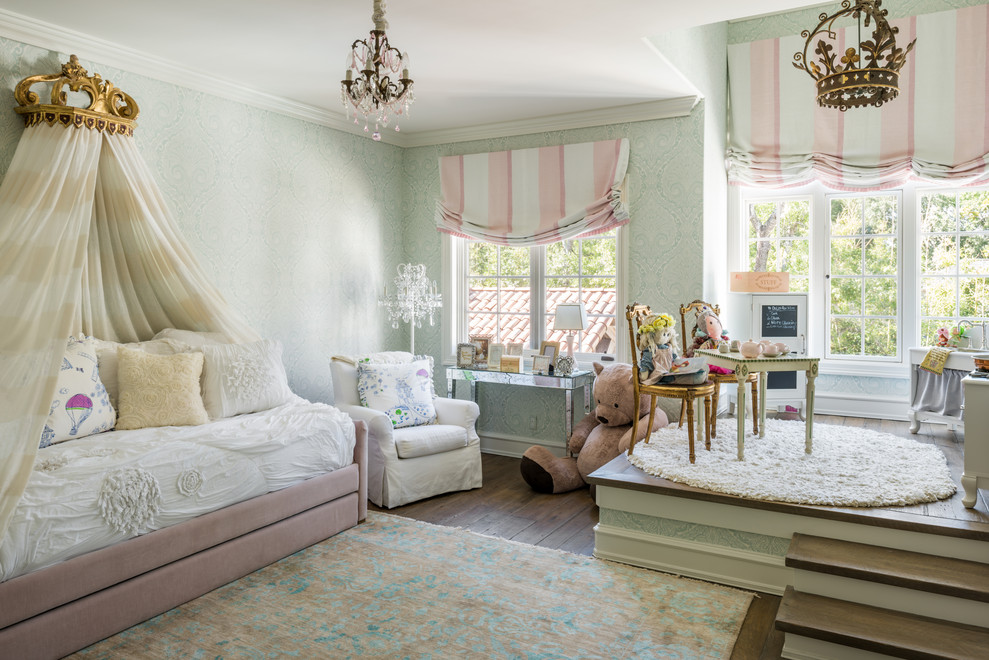 Design ideas for a mediterranean kids' bedroom for kids 4-10 years old and girls in Houston with green walls, dark hardwood floors and brown floor.