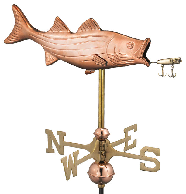Bass With Lure Cottage Weathervane, Pure Copper With Roof Mount