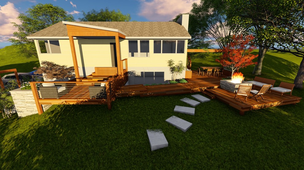 Photo of a mid-sized contemporary backyard deck in Charlotte with a fire feature and a pergola.
