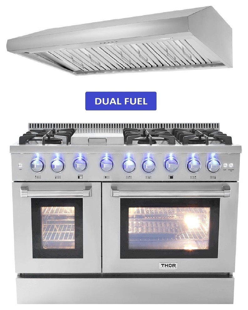 48" Dual Fuel Range & 48" Range Hood Thor Kitchen Contemporary Gas