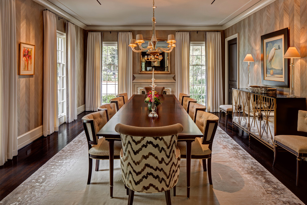 Inspiration for a transitional separate dining room in Houston with beige walls and dark hardwood floors.