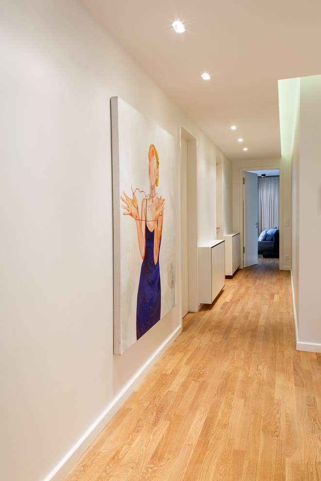 Mid-sized contemporary hallway in Berlin with white walls, light hardwood floors and beige floor.