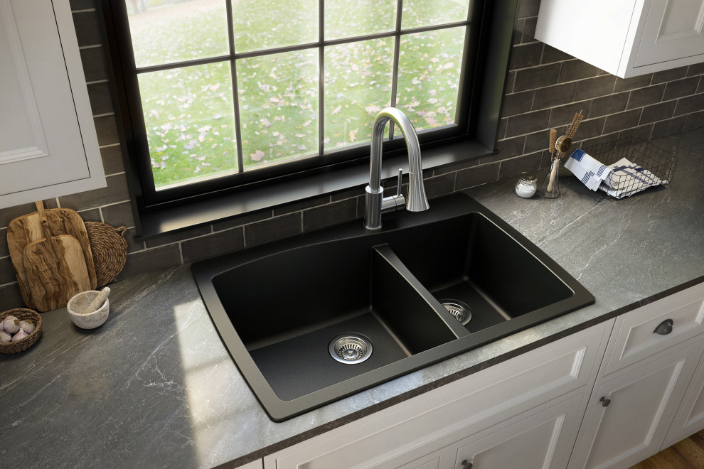 Karran Drop-In Quartz 34" 1-Hole 60/40 Double Bowl Kitchen Sink, Black