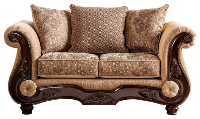 Furniture of America Rhodes Traditional Chenille Cushioned Loveseat in Tan