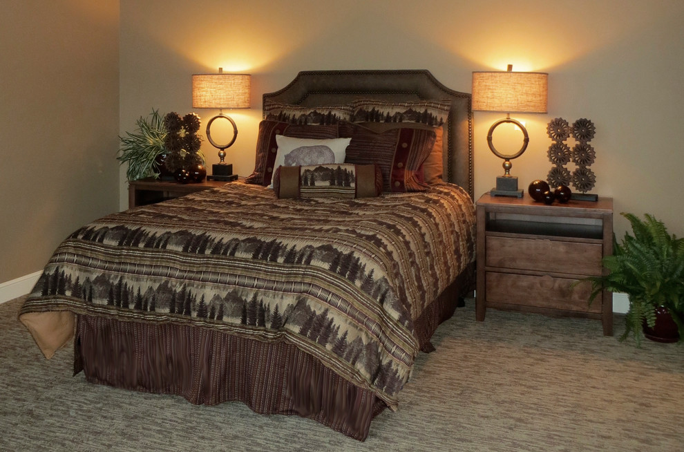 Example of a large mountain style master carpeted bedroom design in Boston with beige walls