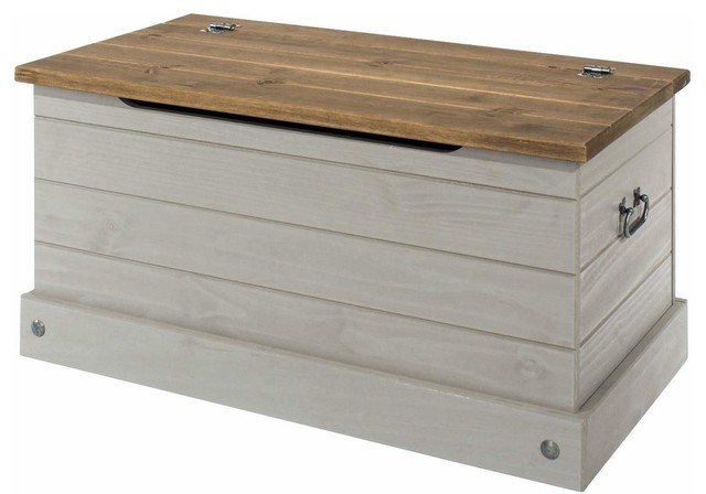 Traditional Trunk in Solid Pine Wood With Metal Handles and Grey Wash Finish