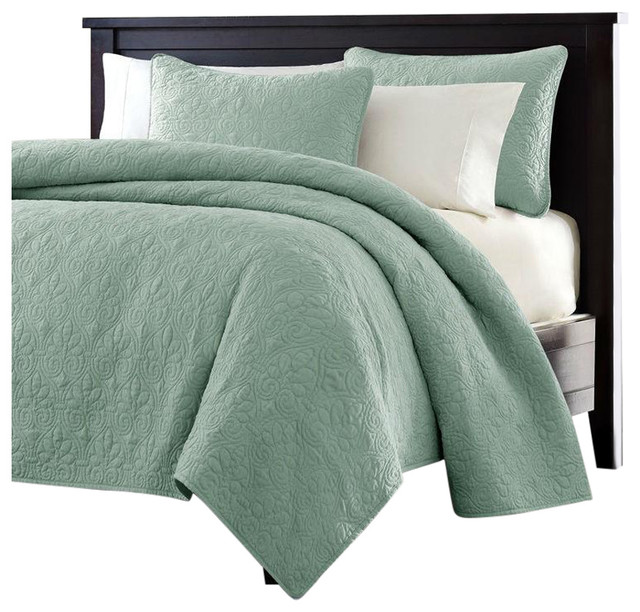 King Size Seafoam Green Blue Coverlet Set With Quilted Floral Pattern Contemporary Quilts And Quilt Sets By Hilton Furnitures Houzz