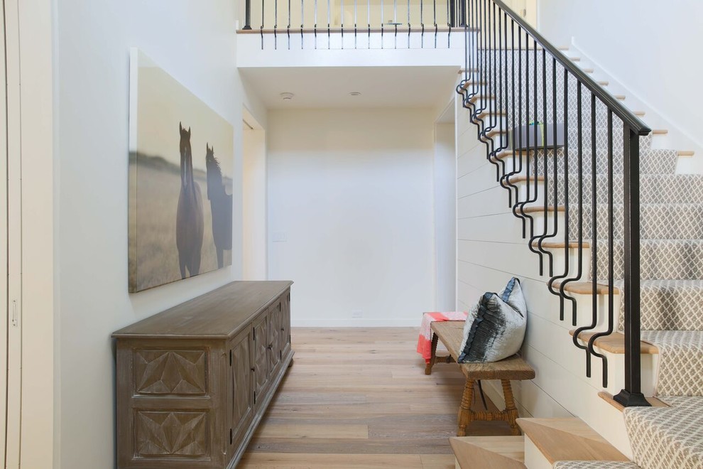 Photo of a modern foyer in Charlotte with white walls and light hardwood floors.