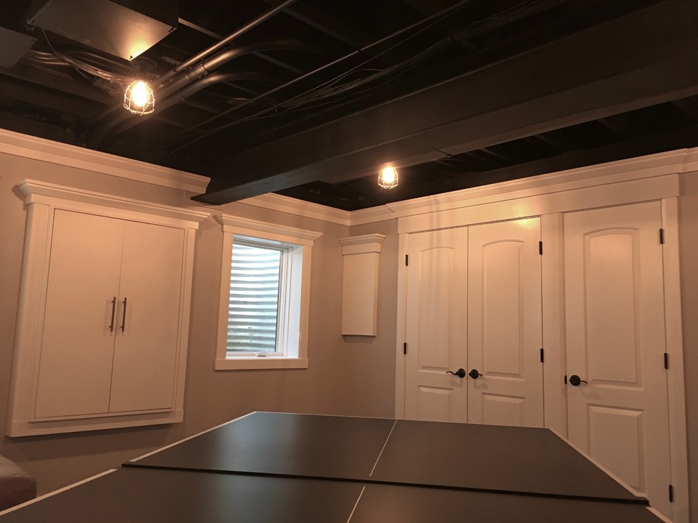 Mid-sized transitional underground dark wood floor and brown floor basement photo in Chicago with beige walls and no fireplace