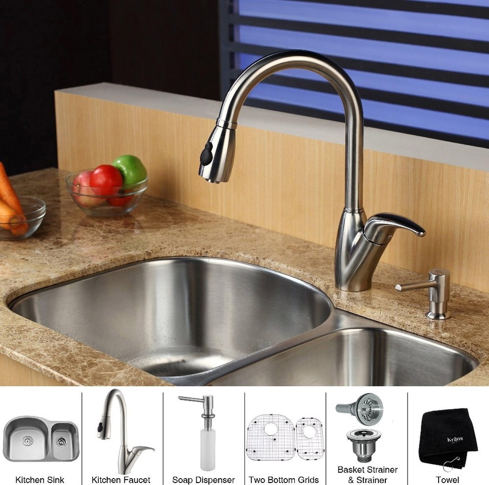 Kraus 32" Undermount Double Bowl Stainless Steel Kitchen Sink with Kitchen F