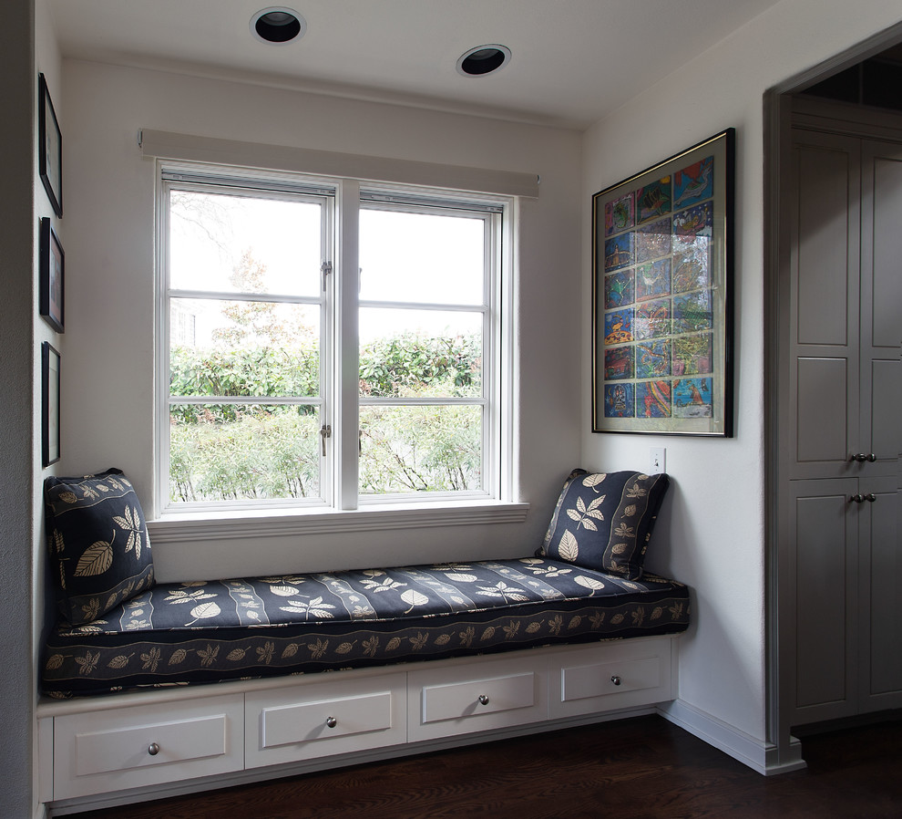 Hallway - mid-sized transitional dark wood floor and brown floor hallway idea in Seattle with white walls