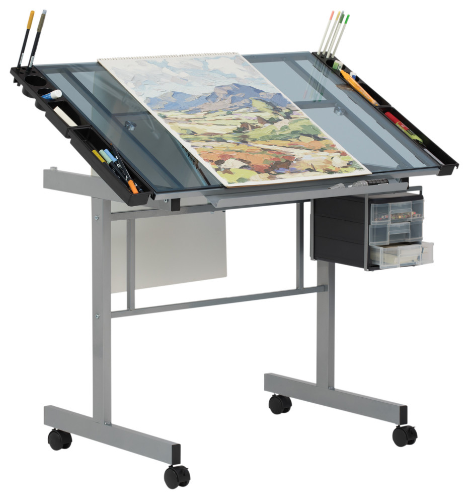Studio Design Futura Craft Station Tempered Silver Blue Glass Drawing Table 