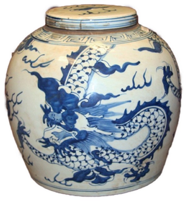 Vintage Style Blue and White Porcelain Lidded Ginger Jar Dragon Motif 9"