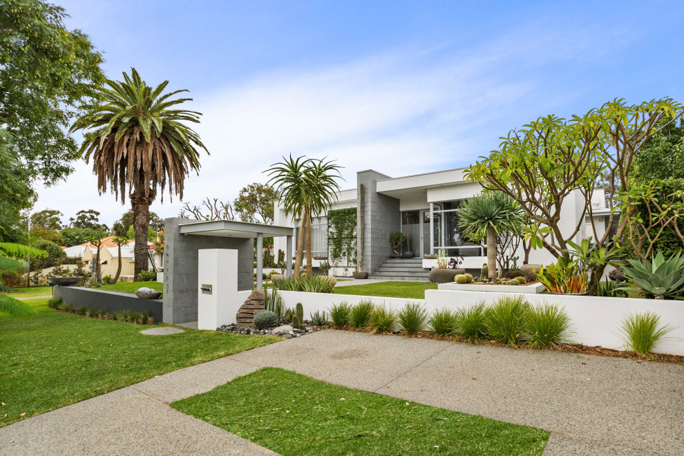 This is an example of a large contemporary one-storey white house exterior in Perth with a flat roof.