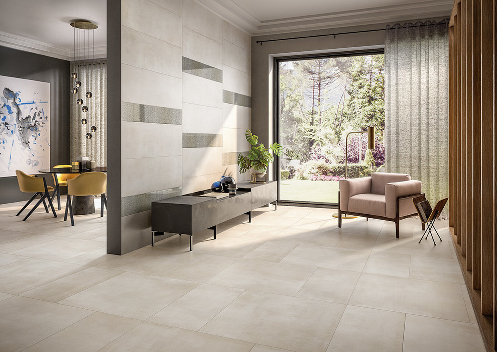 Inspiration for a mid-sized contemporary open concept living room in Berlin with ceramic floors.