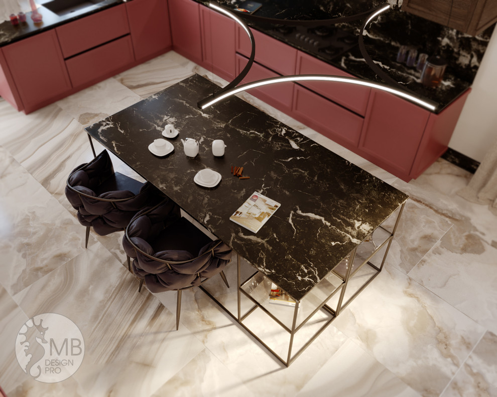 Элегантная кухня-гостиная в частном доме.