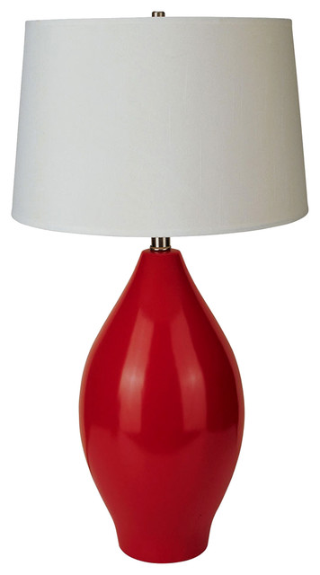 28" Tall Ceramic Table Lamp, Gourd-Shaped with Red finish, Linen Shade