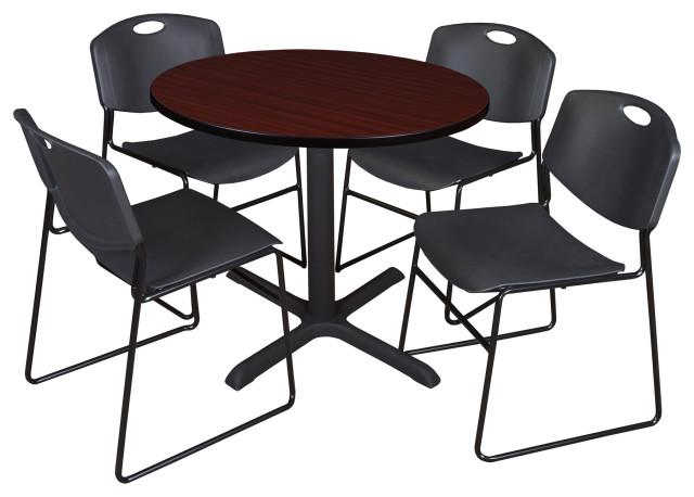 Cain 36" Round Breakroom Table- Mahogany & 4 Zeng Stack Chairs- Black