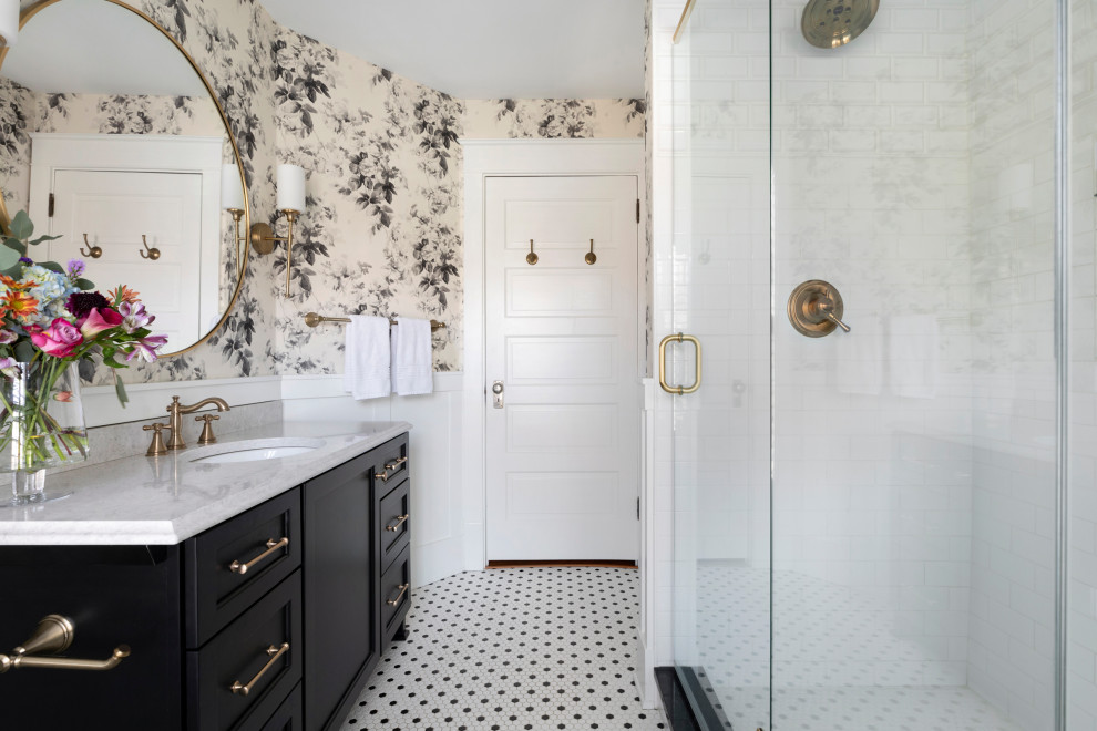 Large traditional master bathroom in Other with flat-panel cabinets, black cabinets, white tile, subway tile, porcelain floors, an undermount sink, engineered quartz benchtops, a hinged shower door and white benchtops.