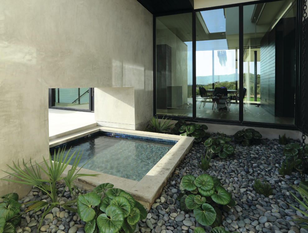 Inspiration for a large modern courtyard shaded formal garden in Austin with with pond and gravel.