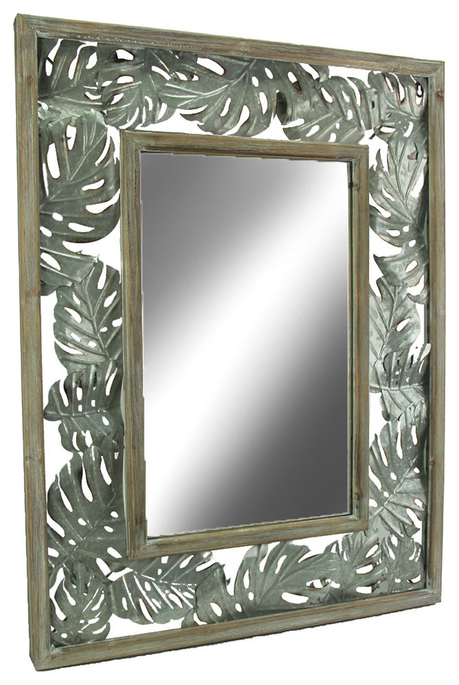 Tropical Wood and Metal Monstera Leaf Design Wall Mirror Tropical