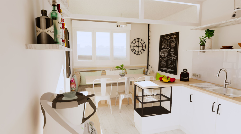 Exemple d'une petite salle à manger ouverte sur le salon industrielle avec un mur blanc, parquet clair, aucune cheminée, un sol blanc et verrière.