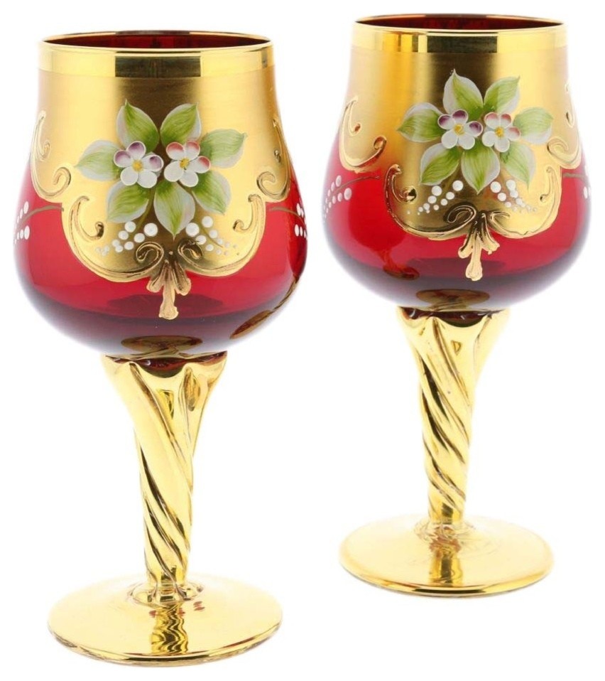 GlassOfVenice Set of Two Murano Glass Wine Glasses 24K Gold Leaf - Red