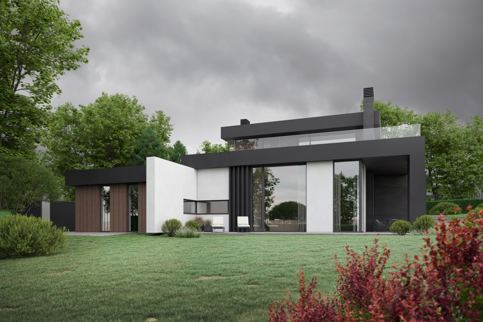 Проект современного коттеджа с плоской кровлей в КП Рублево