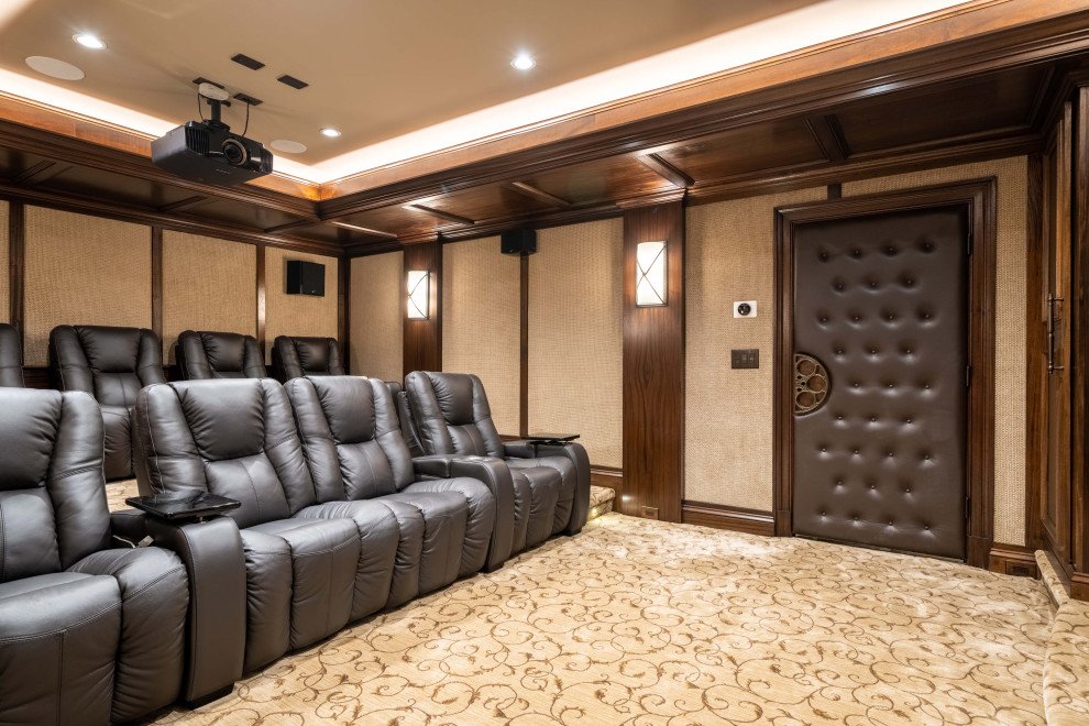 This is an example of a large contemporary home theatre in DC Metro with ceramic floors and grey floor.