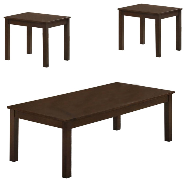 Benzara BM233096 3 Piece Coffee Table and End Table With Block Legs, Brown Transitional