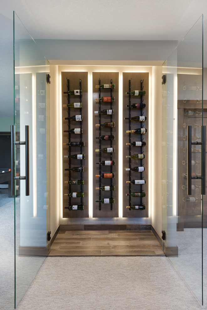 Mid-sized transitional wine cellar in Minneapolis with storage racks, brown floor and dark hardwood floors.