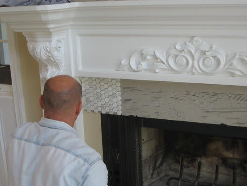 Fireplace And Hearth Redo Carrera Marble Hexagon Mosaic Tile Was Installed Around The Entire Fireplace Opening And On Hearth