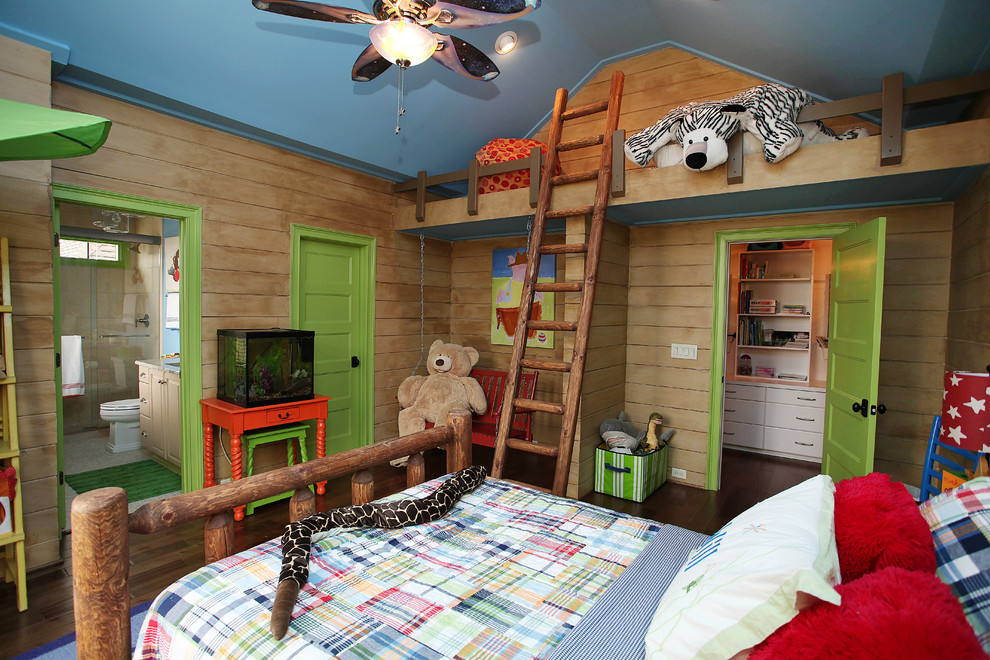 Inspiration for a traditional gender-neutral kids' bedroom for kids 4-10 years old in Charlotte with dark hardwood floors.