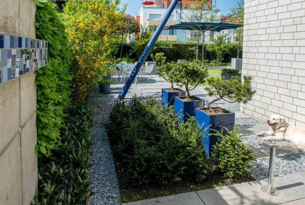 Geometrischer, Kleiner, Halbschattiger Moderner Garten im Frühling, hinter dem Haus mit Kübelpflanzen und Natursteinplatten in Sonstige