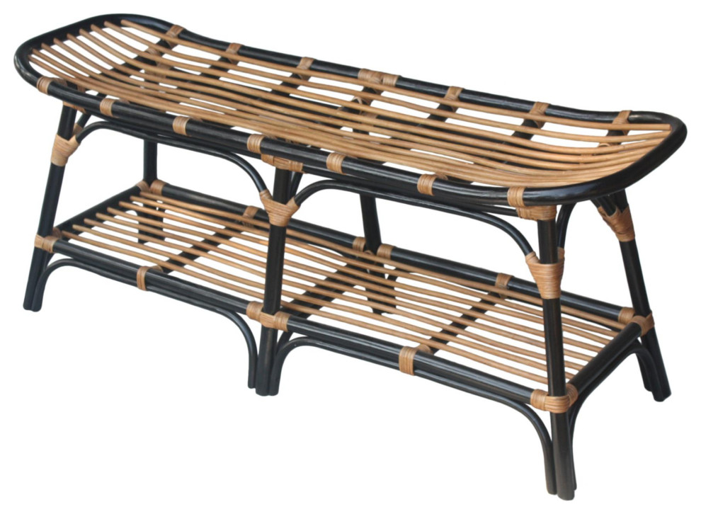 Damara Rattan Bench With Shelf Tropical Dining Benches by HedgeApple Houzz