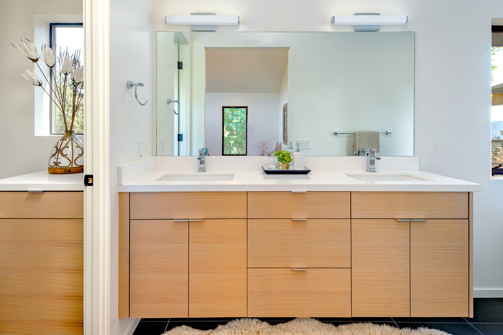Design ideas for a mid-sized modern 3/4 bathroom in San Francisco with flat-panel cabinets, light wood cabinets, an open shower, gray tile, white tile, ceramic tile, white walls, porcelain floors, engineered quartz benchtops, beige floor, an open shower and an undermount sink.