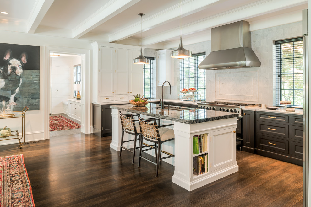Inspiration for a large traditional u-shaped eat-in kitchen in Wilmington with an undermount sink, recessed-panel cabinets, black cabinets, marble benchtops, grey splashback, marble splashback, stainless steel appliances, dark hardwood floors, with island, brown floor and black benchtop.