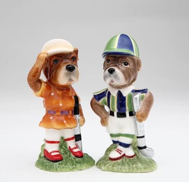 4 1/8 Inch Girl and Boy Dog Golfer Motif Salt and Pepper Shakers