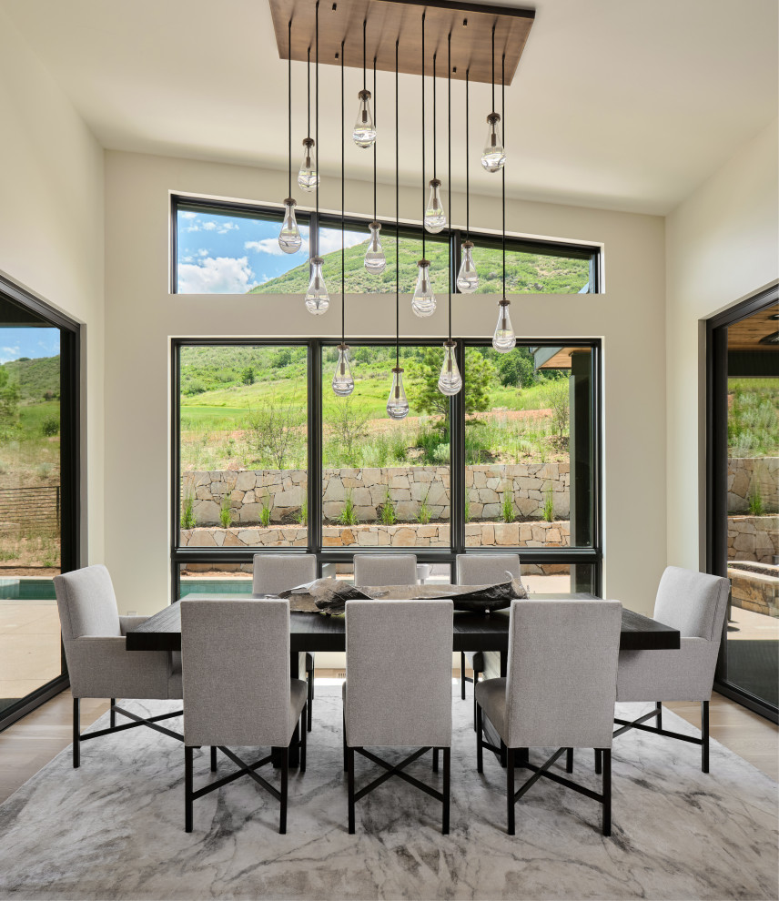 Design ideas for a mid-sized contemporary dining room in Denver with white walls, light hardwood floors, beige floor and vaulted.