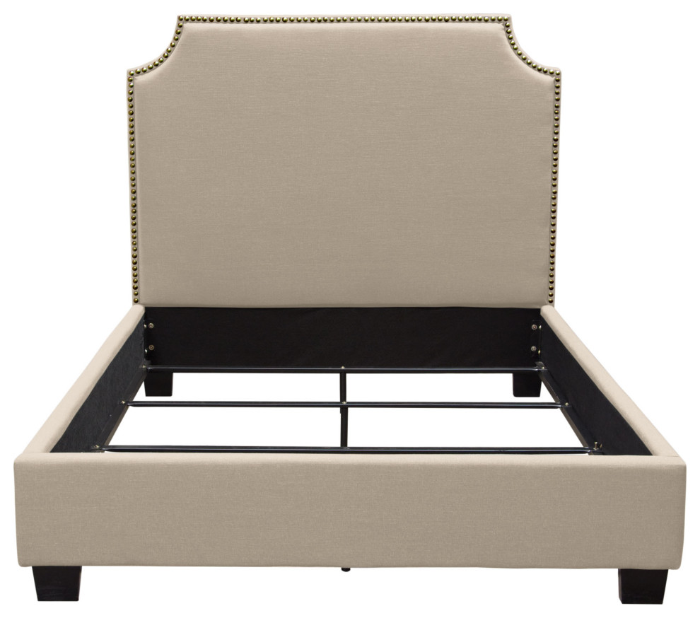 Queen Bed with Nail Head Accent in Desert Sand Linen Transitional