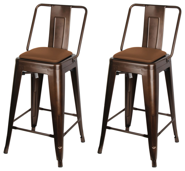 Highback Coffee Metal Bar Stools, With Brown Vegan Leather Seat, Set of