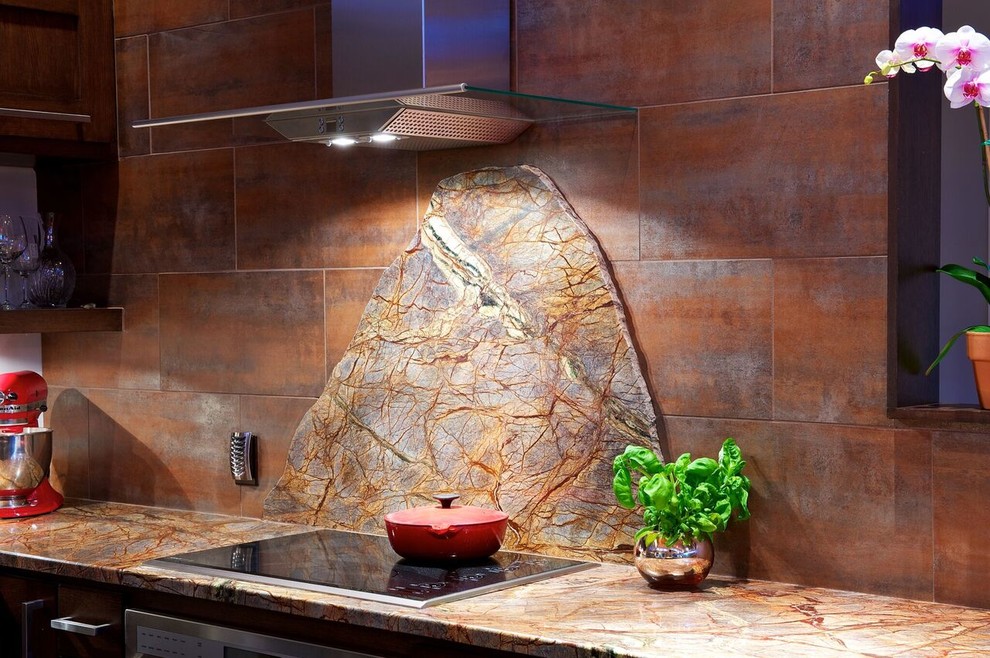 Inspiration for a mid-sized modern u-shaped dark wood floor open concept kitchen remodel with flat-panel cabinets, quartzite countertops, orange backsplash, metal backsplash, stainless steel appliances, a peninsula, a double-bowl sink and purple cabinets