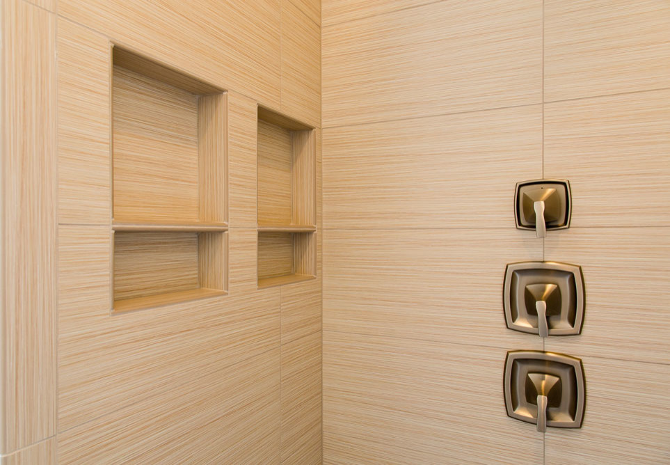 Example of a transitional beige tile bathroom design